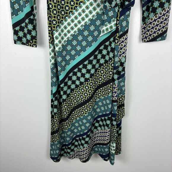 London Times Boho Midi Wrap Dress Sz 8 Long Sleeve Geo Print Hippie 70s Fall - Picture 3 of 7